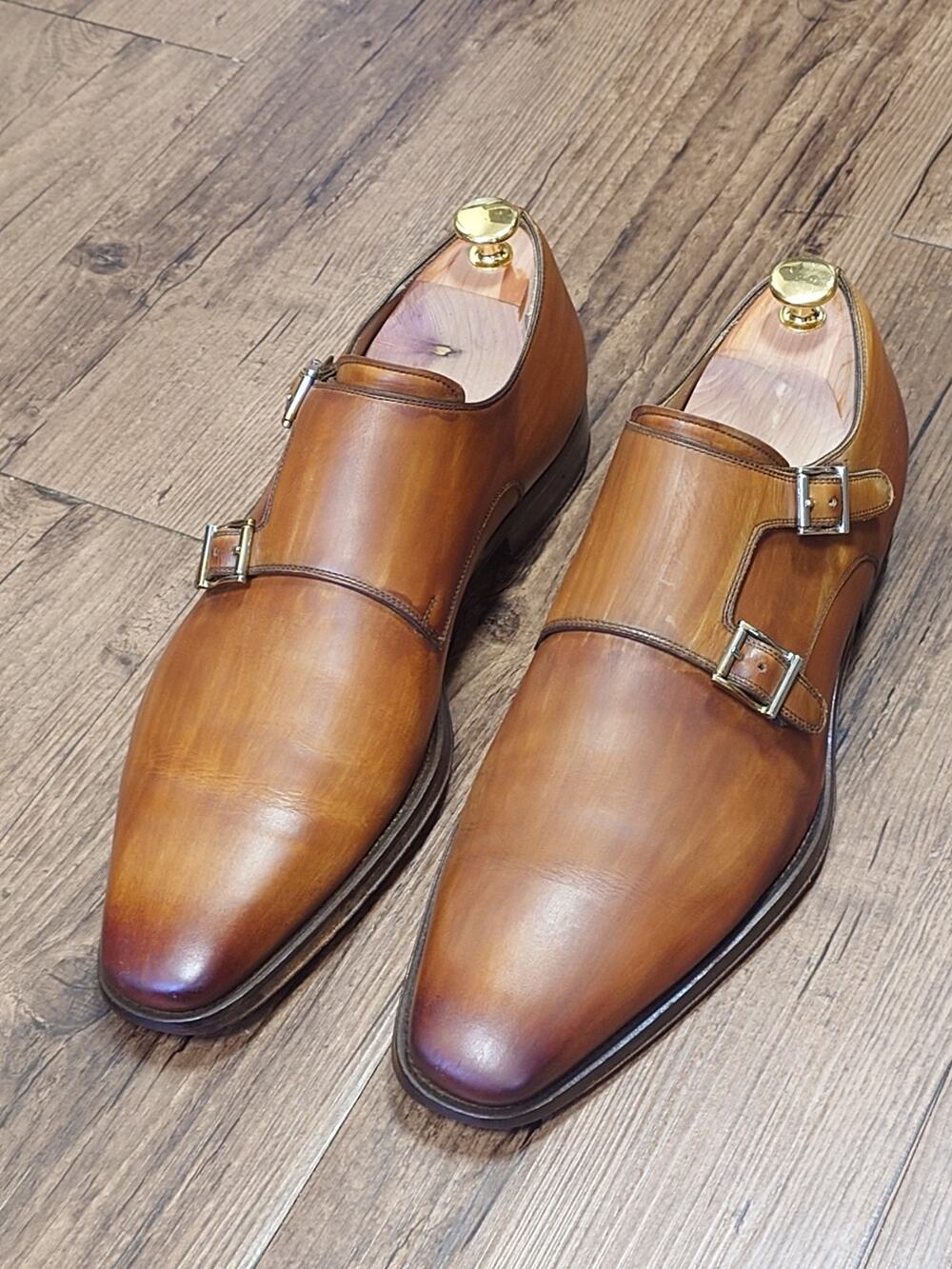 Magnanni Men’s Monk Strap 9.5M Tan Brown Burnished Leather Dress Shoes